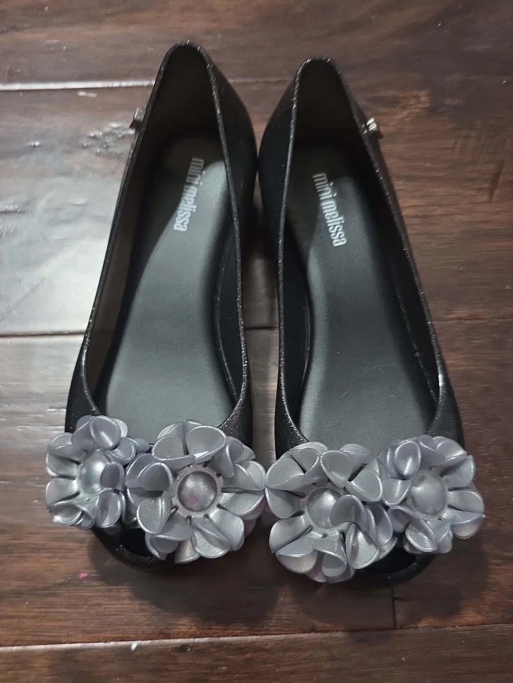 Mini Melissa Black Flats with Silver Flower Appliqués